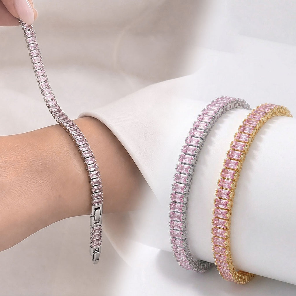 Takı Pusulası 5mm Pembe Zirkon Taşlı Ayarlanabilir Su Yolu Kadın Bileklik 4174KBV4D1