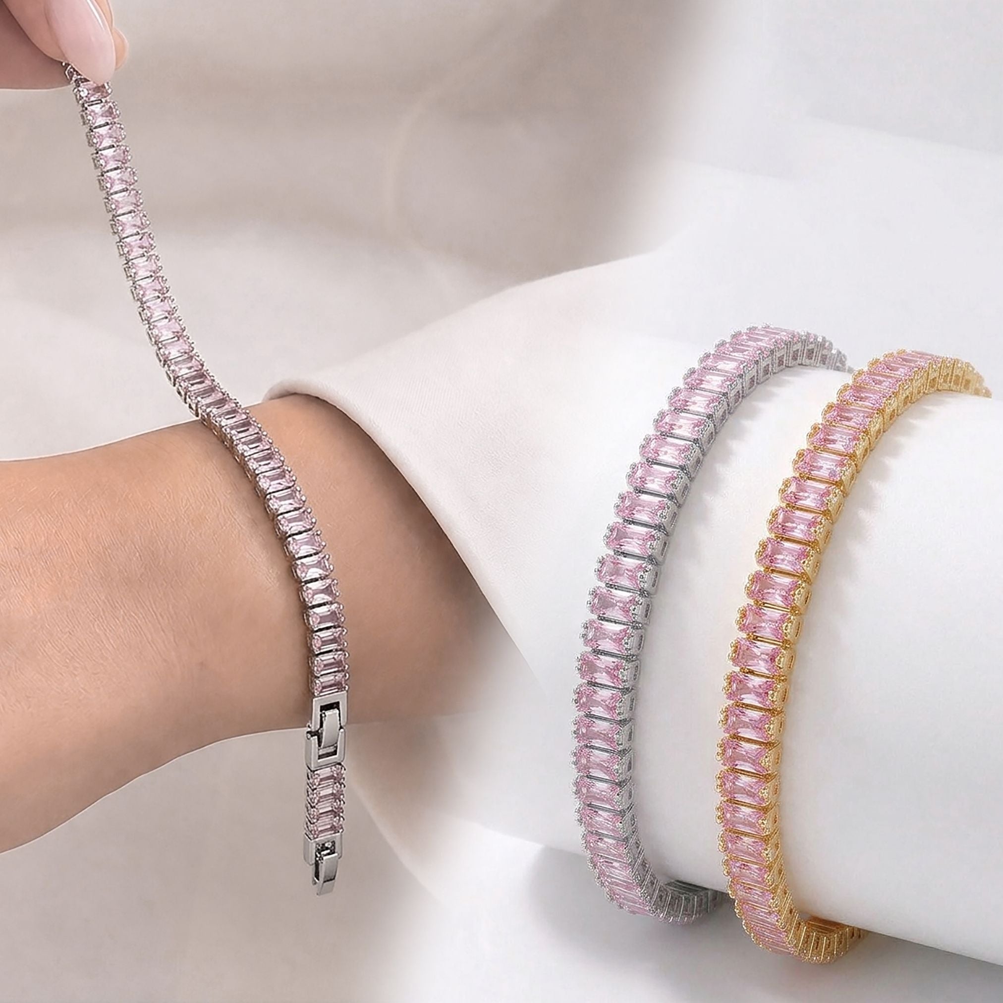 Takı Pusulası 5mm Pembe Zirkon Taşlı Ayarlanabilir Su Yolu Kadın Bileklik 4174KBV4D1