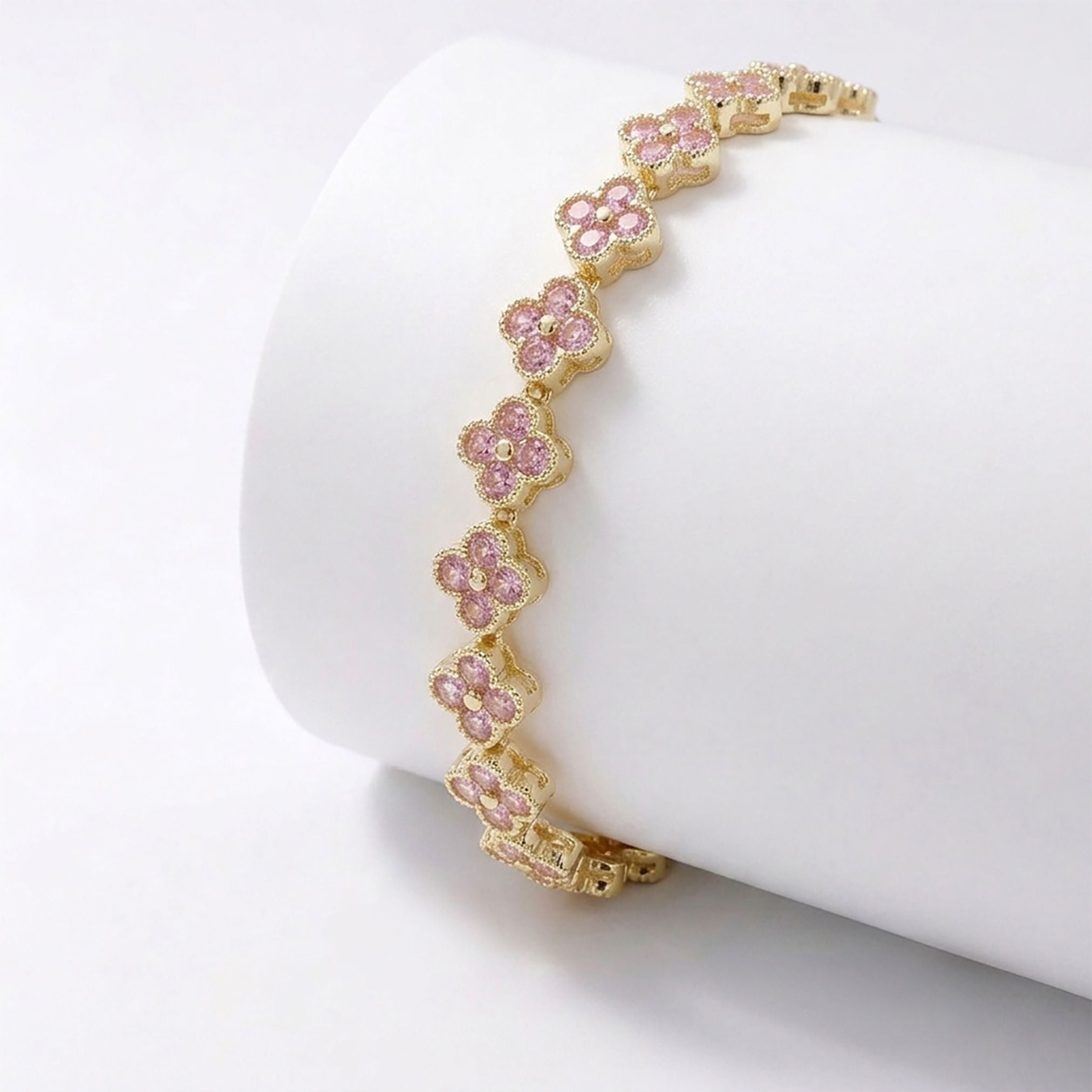 Takı Pusulası 8 mm Pembe Zirkon Taşlı Ayarlanabilir Çiçek Kadın Bileklik 4174KBV6D3