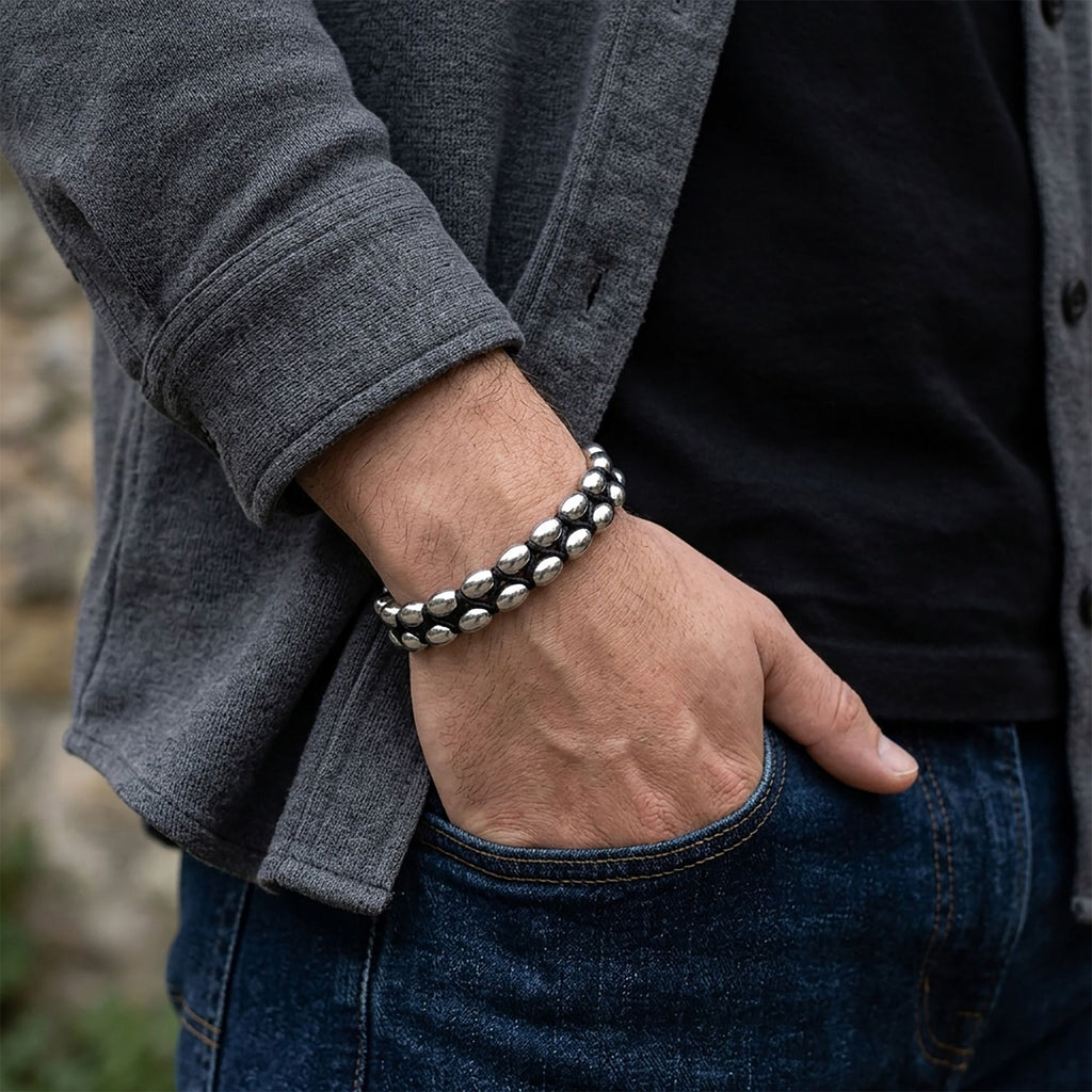 Takı Pusulası Arpa Hematit Doğal Taş Çift Sıra Örgü Çelik Kilit Erkek Bileklik 41742B18D3