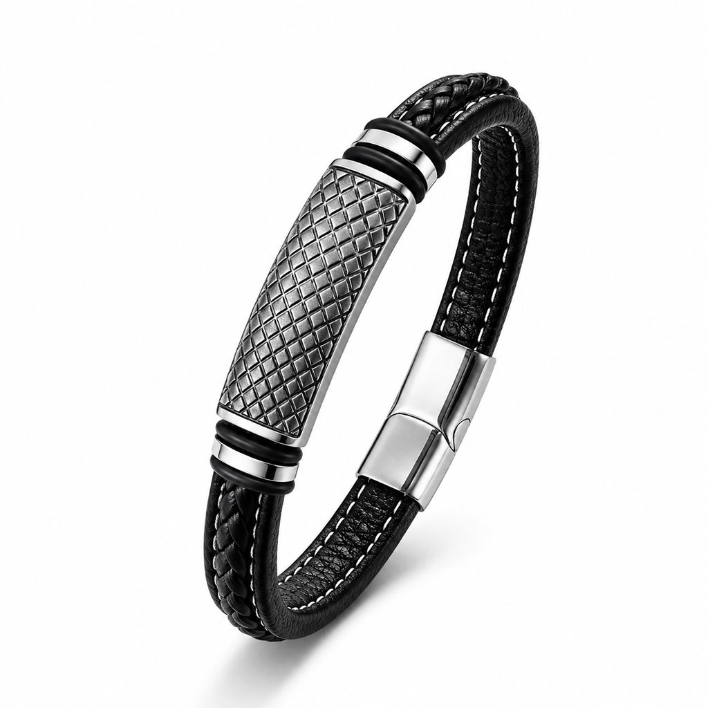 Takı Pusulası Diamond Grid Desenli Çelik Kilitli Siyah Deri Erkek Bileklik 41741B8D5
