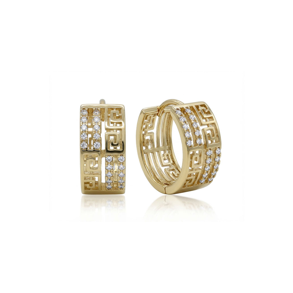 Takı Pusulası Greek Desen Zirkon Taşlı Şerit Detay VIP Halka Küpe Beyaz-Sarı 4174KKUV013