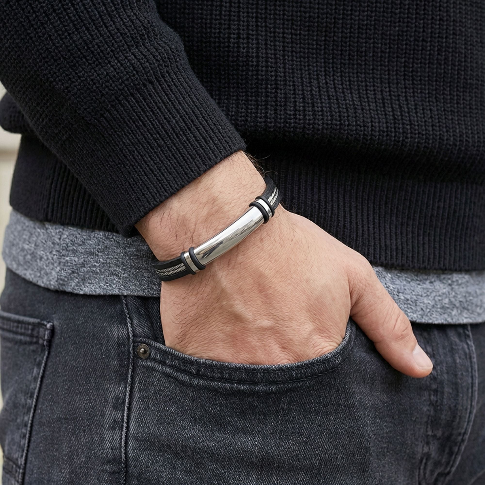 Takı Pusulası İsim Yazılabilir Çelik Halatlı Deri ve Beyaz Titanyum Kilit Erkek Bileklik 41743B15D2