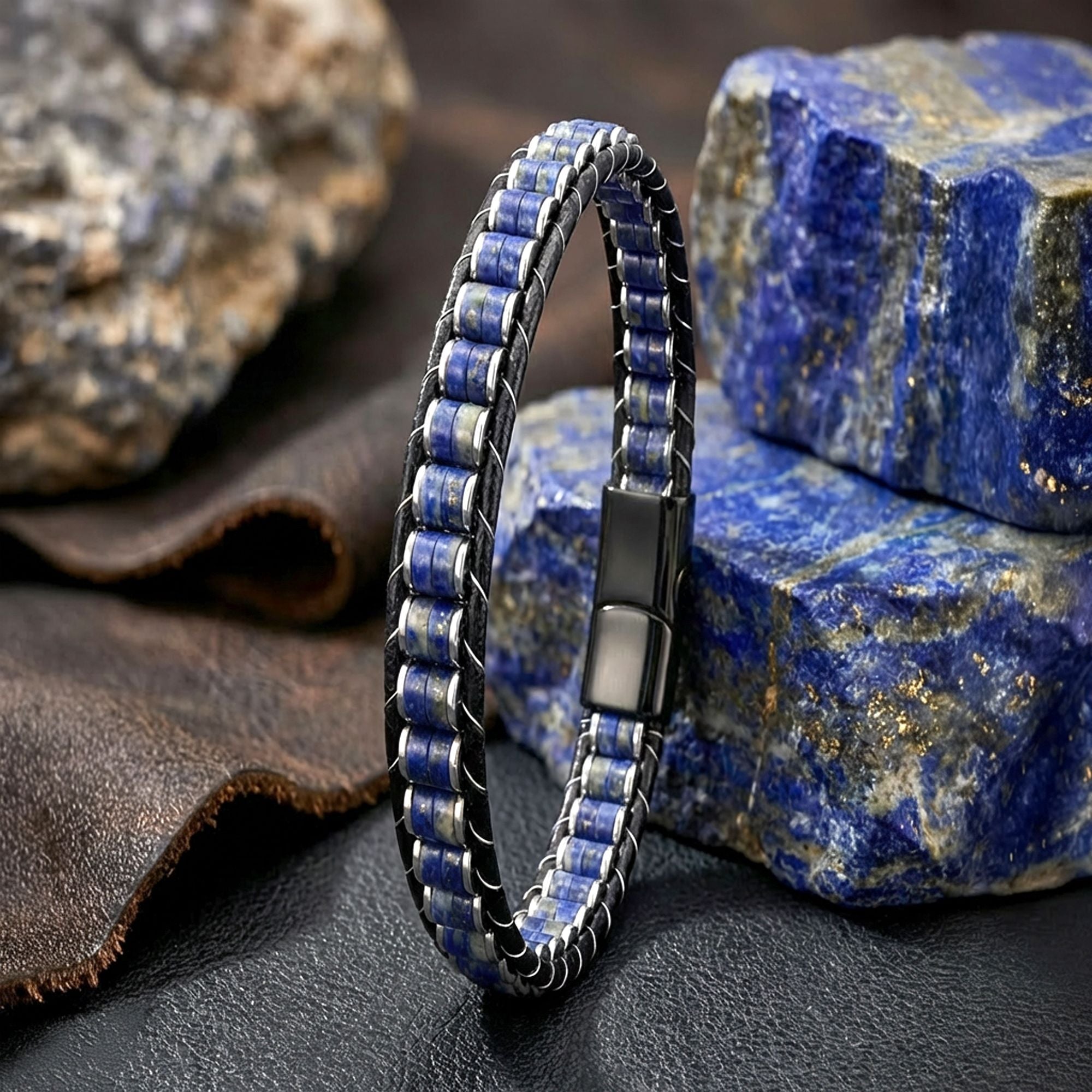 Takı Pusulası Lapis & Hematit Çelik Örgülü Deri Bileklik 41742B22D10