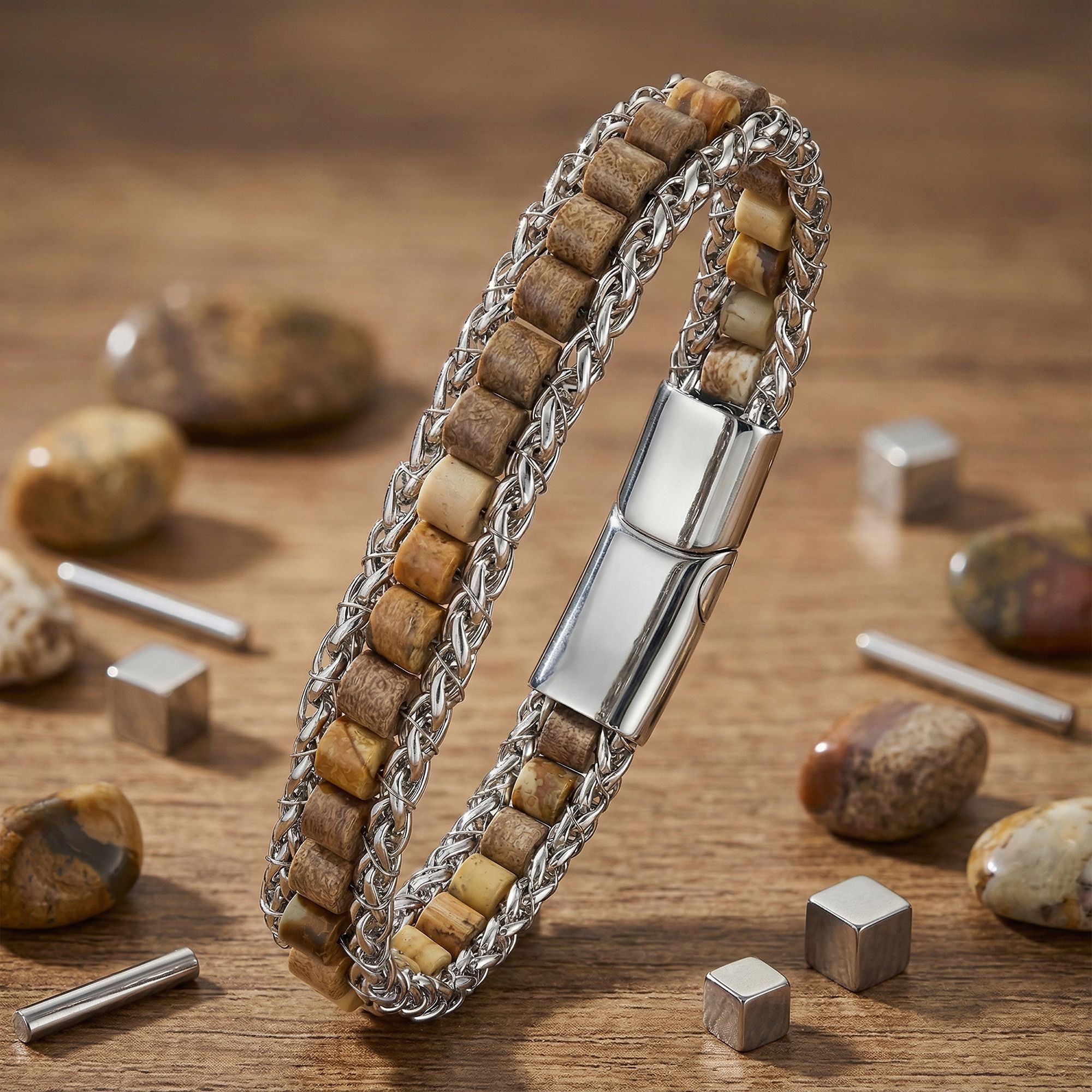 Takı Pusulası Odun Jasper Doğal Taşlı Hasır Örgü Zincirli Erkek Çelik Bileklik 41742B28D3