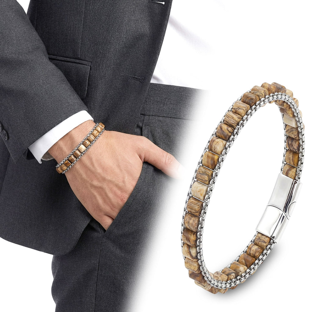 Takı Pusulası Odun Jasper Doğal Taşlı Hasır Örgü Zincirli Erkek Çelik Bileklik 41742B28D13
