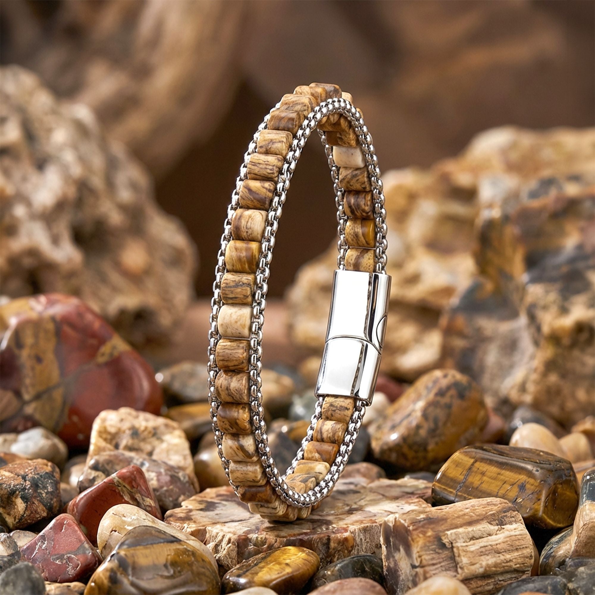 Takı Pusulası Odun Jasper Doğal Taşlı Hasır Örgü Zincirli Erkek Çelik Bileklik 41742B28D13