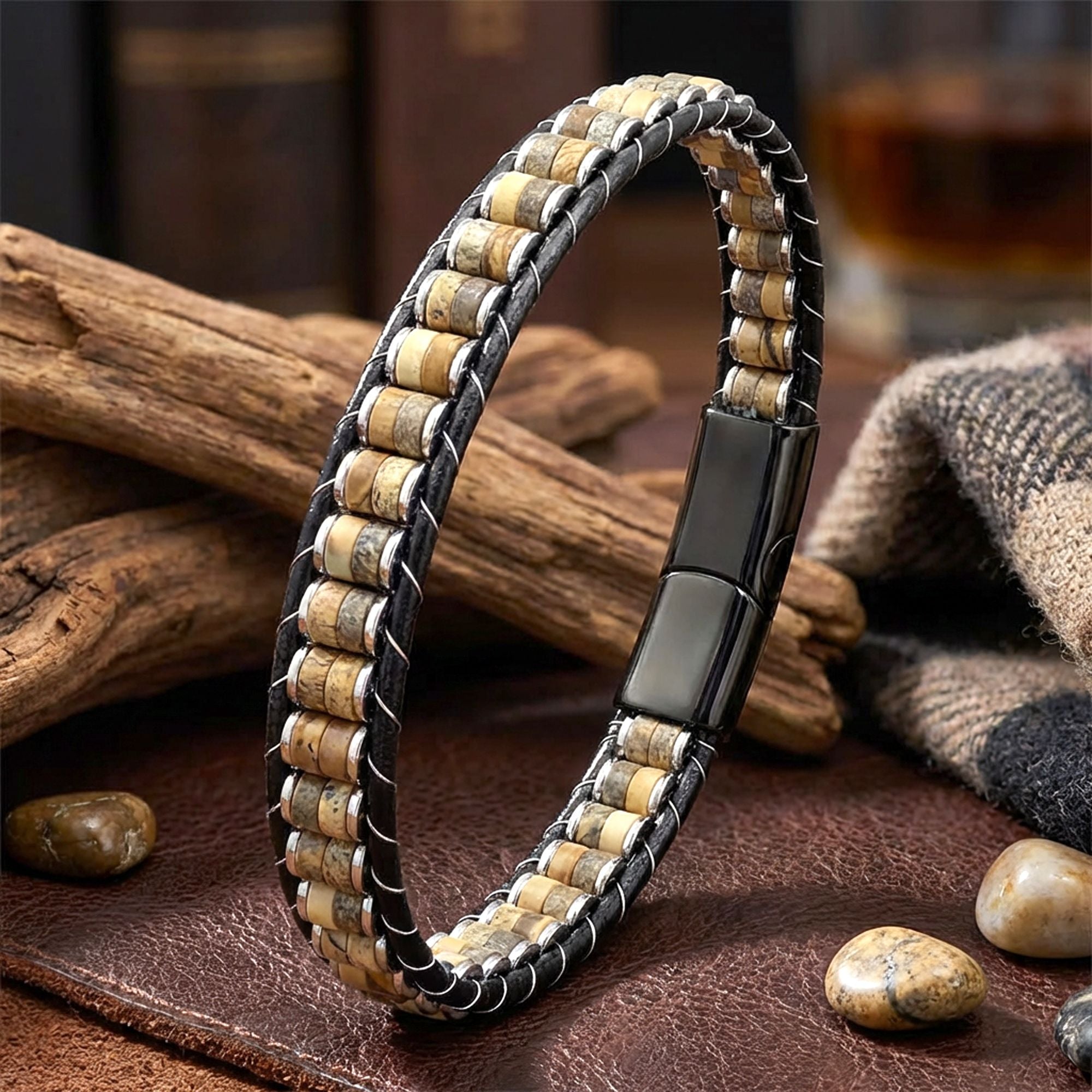 Takı Pusulası Odun Jasper & Hematit Çelik Örgülü Deri Bileklik 41742B22D8
